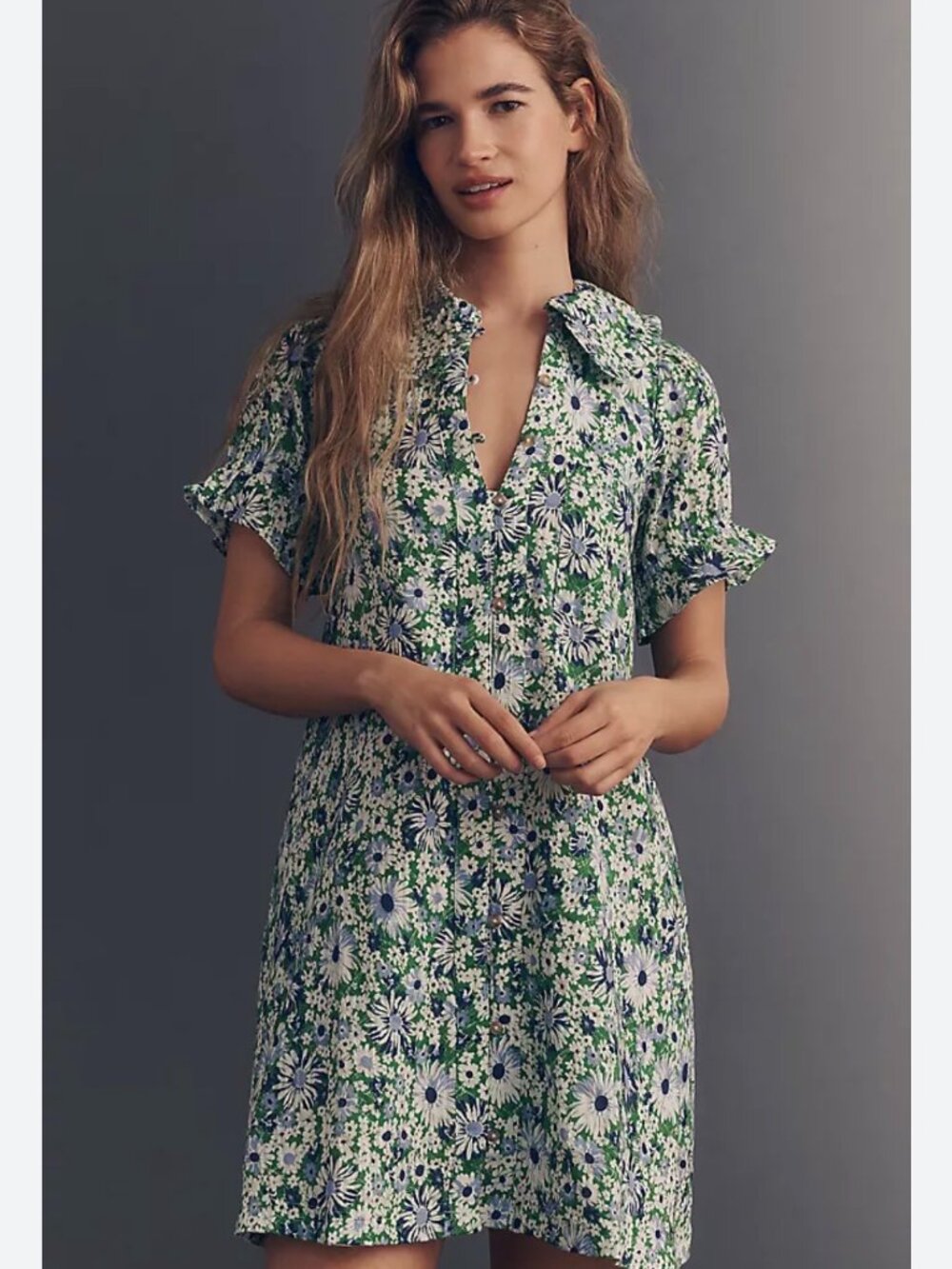 Pilcro Anthropologie Keira Green Floral Cottagecore Ruffled Cotton Mini Dress M - Picture 2 of 8